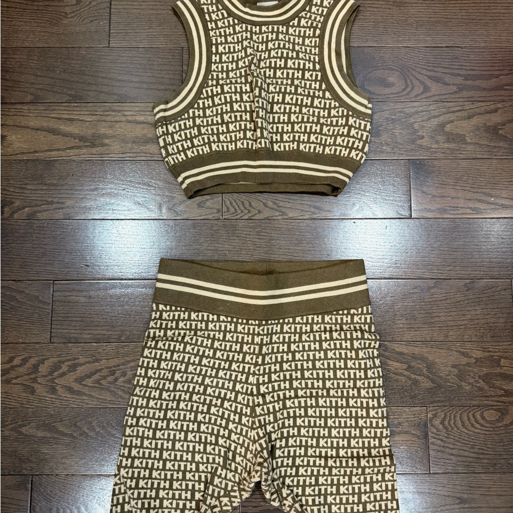 Kith Logo Patterned Bike Shorts in Brown and Tan